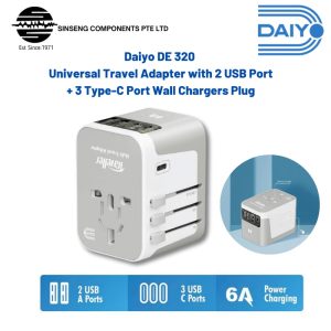 Daiyo DE 320 Universal Travel Adapter with 2 USB Port + 3 Type-C Port Wall Chargers Plug